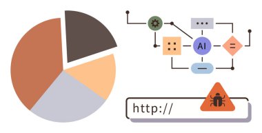 Turta grafiği, düğüm ve bağlantıları olan yapay zeka işlem ağı ve kötü amaçlı uyarı işareti olan tarayıcı adresi. Yapay zeka, veri analizi, siber güvenlik, makine öğrenimi, teknoloji riski için ideal