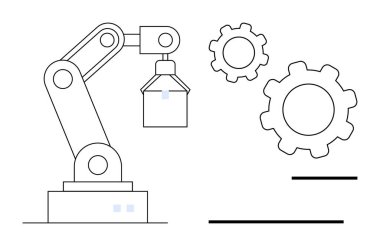 Mekanik viteslerin yanındaki robot kol kaldırma objesi imalat, otomasyon ve endüstriyi temsil ediyor. Teknoloji, mühendislik, yenilik, robot bilimi, yapay zeka endüstriyel tasarımı için idealdir.