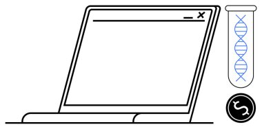 Test tüpü ve dolar ikonundaki DNA ipliğinin yanında dizüstü bilgisayar arayüzü, biyoteknolojiyi, araştırma fonunu, tıbbi yeniliği, veri analizini, teknolojiyi, bilimsel ilerlemeyi, basit yassı