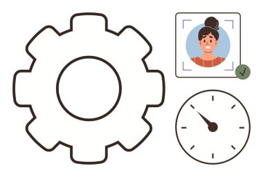 Ayarlar için vites, kimlik doğrulama için işaretli yüz tanıma ve zaman için saat. Teknoloji, güvenlik, kimlik, süreç, verimlilik yönetimi yeniliği için idealdir. Basit düz metafor