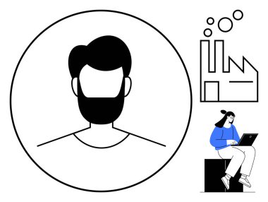 Siyah beyaz portre, baloncuk yayan fabrika taslağı ve dizüstü bilgisayar kullanan oturan bir kadın. Kimlik, iş, verimlilik, yenilik, tasarım takım çalışması ve endüstri kavramları için idealdir. Basit düz