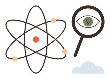 Yörüngede dönen elektronları olan atom modeli, göz sembolü üzerinde büyüteç, küçük bulut. Bilim, araştırma, araştırma, yenilik, keşif analizi eğitimi için idealdir. Temiz, düz metafor