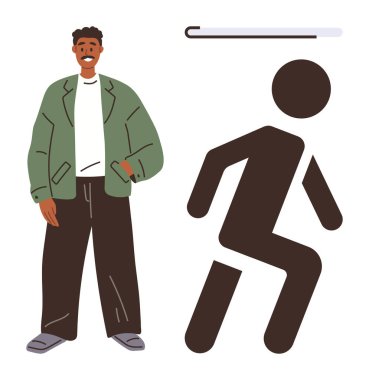 Yeşil ceketli sıradan giysili bir adam, bastonuyla hareket eden cesur bir soyut figürün yanında duruyor. Bağımsızlık, çeşitlilik, maluliyet bilinci, faaliyet, destek için ideal