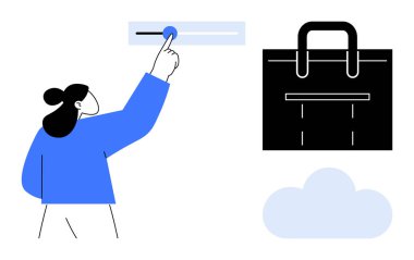 Kaydırma kontrolünü ayarlayan, ayarları ya da kişiselleştirmeyi siyah bir evrak çantası ve bulutun yanına koyan kişi. İş, teknoloji, bulut depolama, kişiselleştirme, iş hayatı dengesi için ideal