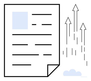 Yukarıya bakan oklar ve küçük bir bulut sembolünün yanında metin satırları olan belge. Ticari büyüme, başarı, ilerleme, üretkenlik, veri analizi, strateji planlaması için ideal, basit düz metafor