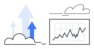 Artan bir eğilim çizgisi ve vurgulamak için bulutları olan bir grafiğin yanında duran oklar. Ticari başarı, ilerleme, büyüme, strateji, veri analizi, iyimserlik, basit düz metafor
