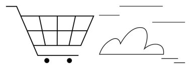 Aerodinamik bulutlu ve hareketli bir alışveriş arabasının taslağı dijital alışverişe işaret ediyor. E-ticaret, dağıtım, hız, bulut teknolojisi, perakende, yenilik, alışveriş verimliliği için ideal. Temiz