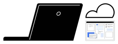 Yakındaki bulut ve ekran görüntüleme veri planına sahip siyah bir laptop. Teknoloji, iletişim, bulut depolama, uzak takım çalışması, proje yönetimi, dijital güvenlik, basit düz metafor