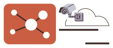 Güvenlik kamerası verileri, bulut depolamayı ve gerçek zamanlı gözetlemeyi temsil eden ağ düğümlerini kaydediyor. Siber güvenlik, IoT, bulut hesaplama, veri koruması, bağlantı, uzaktan izleme için ideal