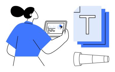 Tabletteki analitiği inceleyen kadın, T ile işaretlenmiş belgeler, keşif ve araştırmayı vurgulayan teleskop. Eğitim, bilim, analitik, strateji, yaratıcılık ve teknoloji için idealdir.