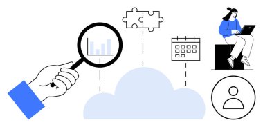 Grafiğin üzerinde el ele tutuşan büyüteç, bulmaca parçaları olan bulut, takvim, dizüstü bilgisayar kullanan işçi, kullanıcı simgesi. Veri analizi, takım çalışması, planlama, bulut depolama organizasyonu araştırması için ideal