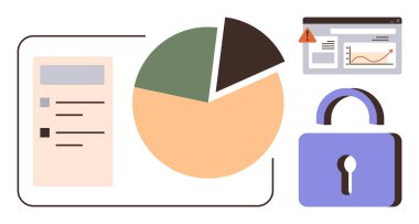 Üç bölümlü pasta şeması, belge taslağı, güvenlik için asma kilit simgesi ve analitik uyarılı web paneli. Analiz, siber güvenlik, veri, sunumlar, araştırma eğitimi için ideal