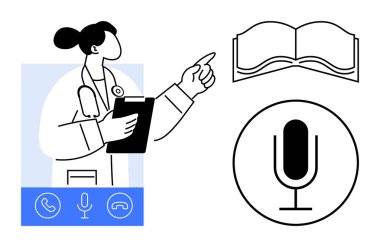 Kadın doktor işaret ediyor, çağrı ve ses simgeleriyle panoyu tutuyor, yakınlarda bir kitap sembolü var. Teletıp, e-öğrenim, dijital sağlık, iletişim, eğitim ve danışmanlık için ideal