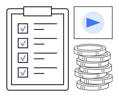 İşaretli görevleri, bozuk para yığınlarını ve simgeyi çalan panodaki kontrol listesi. Üretkenlik, görev tamamlama, finans, bütçe, video akışı planlama ve verimlilik için ideal. Basit düz metafor