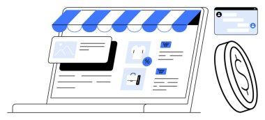 Ürün listeleri, indirim etiketleri ve ödeme detaylarıyla çevrimiçi mağaza arayüzünü gösteren dizüstü bilgisayar. E- ticaret, perakende, iş, alışveriş, işlemler, basit iniş sayfaları için ideal