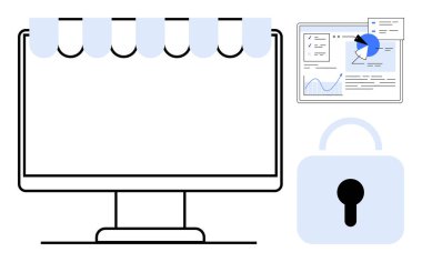 Depo önü güneşlikli bilgisayar, çizelgeli analitik gösterge paneli ve güvenli asma kilit simgesi. E-ticaret, veri gizliliği, analitik, çevrimiçi alışveriş, web sitesi yönetimi, basit siber güvenlik için ideal