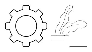 Sade siyah çizgi dizaynlı yosunların yanında vites. Teknoloji, sürdürülebilirlik, yenilik, denge, doğa, süreç, takım çalışması için ideal. Endüstri arasındaki uyum için basit bir düz metafor