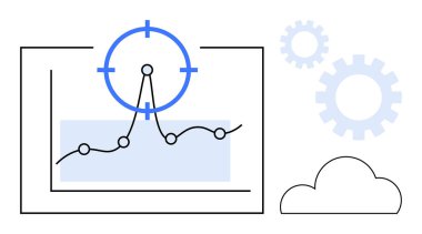 Çizgi çizelgesi, hedef tepe, dişliler ve bulut üzerinde. İş stratejisi, veri analizi, hassasiyet, optimizasyon, teknoloji bulut hesaplama performans takibi için idealdir. Basit düz metafor