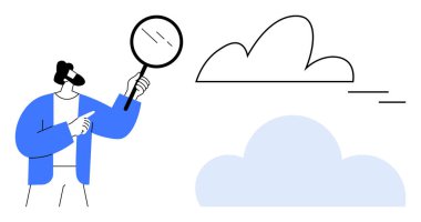 Büyüteci olan bir adam bulutu gözlemliyor, keşif, analiz ve bulut hesaplamasını ima ediyor. Teknoloji, veri araştırması, yenilik, dijital güvenlik, problem çözme eğitimi için ideal