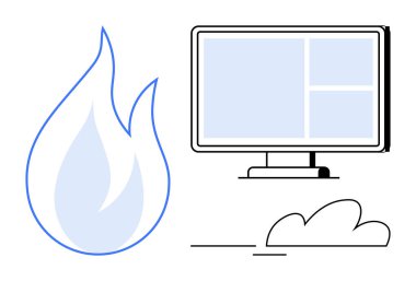 Ateş, bulut ve bilgisayar ekranı enerjiyi, yeniliği ve bulut hesaplamasını temsil ediyor. Teknoloji, sürdürülebilirlik, dijital dönüşüm, enerji verimliliği yaratıcılık ve bilişim için ideal