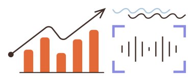 Yükselen trend çizgisi olan bar tablosu, parantez içinde ses dalgaları ve veri ve analizi temsil eden dalgalı çizgiler. Analiz, büyüme, ilerleme, teknoloji, iletişim, yenilik için ideal modern iş