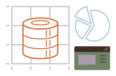 Bir ızgaraya istiflenmiş veritabanı, bir pasta grafiği ve bir web sayfası arayüzü. Veri yönetimi, analitik, veritabanı sistemleri, bilişim çözümleri, istatistik, yazılım geliştirme için ideal düz metafor