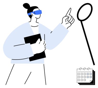 Arttırılmış gerçeklik gözlüğü takan şahıs yüzen sanal elementleri işaret ediyor, görünür bir takvimin yanında bir defter tutuyor. Teknoloji, eğitim, yenilik ve planlama için ideal