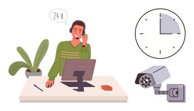 Güvenlik ve verimlilik için bilgisayar, saat ve güvenlik kamerası kullanan bir adam. Müşteri hizmetleri, güvenlik, zaman yönetimi, teknik destek, bilişim çözümleri için ideal