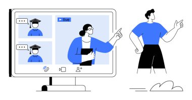 Çevrimiçi öğrenme kurulumu bir ekranda öğretmenler işaret ediyor, öğrenciler katılıyor ve yakınlarda bir gözlemci var. Eğitim için ideal, uzaktan çalışma, webinarlar, eğitim, takım çalışması, iletişim basit