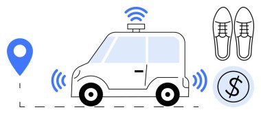 Otomatik araba kablosuz sinyaller yayar, konum kodu navigasyonu temsil eder. Ayakkabılar kullanıcıları sembolize eder ve madeni para simgesi de maliyeti. Teknoloji, otomasyon, hareketlilik, navigasyon ve yenilik için ideal