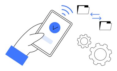 Kablosuz kontrol işaretli akıllı telefon, klasörler arasında veri alışverişi yapan dosyalar ve vites sembolleri. Bulut depolama, takım çalışması, yenilik, veri yönetimi, teknoloji, üretkenlik için ideal