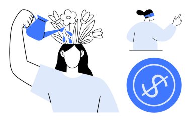 Kafasından çiçekleri sulayan bir kadın, gözleri bağlı bir figür, mavi dolar simgesi. Büyüme, yenilik, finansal planlama, öz bakım, farkındalık, motivasyon başarısı için ideal