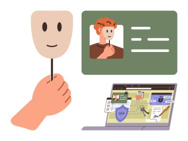 El maskesi anonimliği simgeliyor, kullanıcı profili, kimlik gösterme, güvenlik unsurlu dizüstü bilgisayar ekranı. Gizlilik, siber güvenlik, çevrimiçi güvenlik, veri koruması, kimlik için ideal