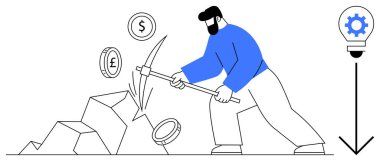 Para birimi sembollerini çıkarmak için kazmayla taş kıran adam dolar, avro ve pound 'u onayladı. Finans, madencilik, yatırım, ekonomi, yenilikçi iş girişimciliği için idealdir. Basit düz