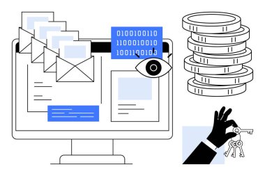 Ekranda e-postalar, ikili kod, bozuk para yığını, el ele tutuşan anahtarlar ve göz sembolü. Veri güvenliği, siber güvenlik, şifreleme, e-posta güvenliği çevrimiçi işlemler için ideal dijital erişim