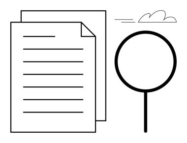 Büyüteç, metin içeren bir belgeyi inceliyor. Araştırma, inceleme, doğrulama, kalite kontrol, kurgu, araştırma, keşif için ideal, basit düz metafor