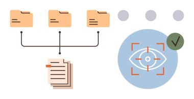 Üst üste dizilmiş belgelere bağlı üç dosya, odak çerçeveli göz grafiği, yeşil kontrol işareti. Veri güvenliği, analitik, dosya yönetimi, bulut depolama, bilgi sistemleri ve dijital için ideal