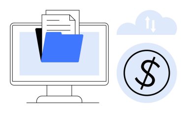 Masaüstü ekranında belgeler olan mavi klasör, dolar işareti simgesi ve oklu bulut. Finans, veri erişimi, bulut depolama, maliyet yönetimi, dijital organizasyon, çevrimiçi güvenlik için ideal