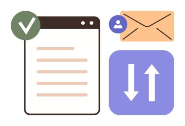 Onay işaretli tarayıcı penceresi, kullanıcı simgesi içeren zarf, senkronizasyonu gösteren oklar. İş akışı, iletişim, e-posta, veri transferi, doğrulama, bağlantı verimliliği için ideal