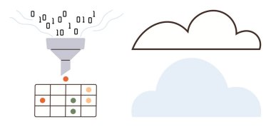 İkili kod, verileri yapılandırılmış satır ve sütunlara filtreleyen bir huniye akar, bulut görselleri eşliğinde. Analiz için ideal, büyük veri, bulut depolama, makine öğrenme, veri bilimi, bulut