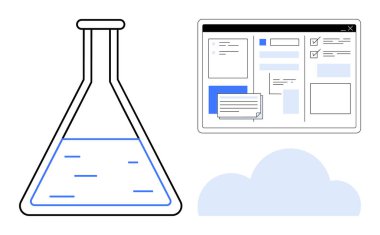Dijital arayüz ve bulut yanında sıvı bulunan laboratuvar şişesi, bilimi, teknolojiyi, veri depolamayı ve işbirliğini simgeliyor. Araştırma, yenilik, bulut hesaplama ve teknoloji için ideal