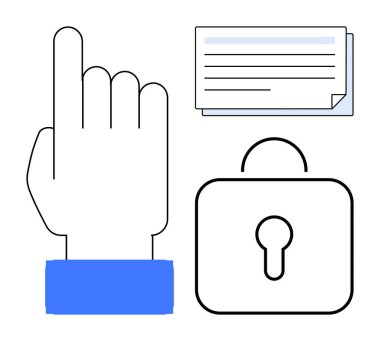 El hareketi, kağıt yığını ve asma kilit. Veri koruması, erişim yetkisi, güvenlik, mahremiyet, kimlik doğrulama dijital güvenlik hesabı kurulumu için ideal. Basit düz metafor