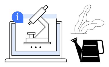 Dizüstü bilgisayarda mikroskop, bilgi simgesi, sulama kutusu, bitki yaprakları. Eğitim, araştırma, yenilik, bahçıvanlık teknolojisi öğrenme büyümesi için idealdir. Basit bir düz metafor.