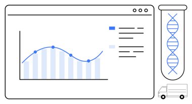 Web sayfası arayüzündeki grafik analizleri, test tüpündeki DNA sarmalları, küçük teslimat kamyonu. Bilim, biyoteknoloji, lojistik, araştırma, veri analizi sağlık eğitimi için idealdir. Basit bir düz metafor.