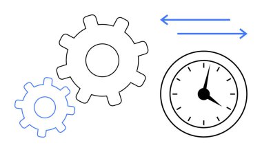 Okları olan bir saatin yanında birbirine bağlı dişliler zaman yönetimini, verimliliği, iş akışı optimizasyonunu ve işlem verimliliğini sembolize eder. Takım çalışması, planlama, son teslim tarihi, denge için ideal