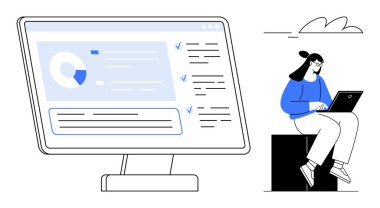 Dizüstü bilgisayarın yanında oturan bir kadın bir veri göstergesi, çizelgeleri, kontrol listeleri ve sezgileri gösteriyor. Teknoloji, analitik, üretkenlik, uzaktan çalışma, eğitim araştırması ve iş dünyası için ideal