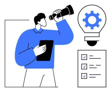 Kontrol listesinin yanında teleskop ve tablet tutan kişi ve içinde teçhizat olan ampul. Yenilik, planlama, problem çözme, hedef belirleme, yaratıcılık, strateji ve vizyon için idealdir. Basit düz