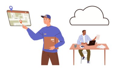 Tablet haritası ve paketi olan bir teslimatçı, dizüstü bilgisayarlı ve evraklı bir yönetici. Lojistik, e-ticaret, tedarik zinciri, yönetim, izleme ve teknoloji ekip çalışması için ideal. Basit düz metafor