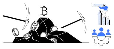 Kazmalı bitcoin madenciliği, taşlı sikkeler. Takım çalışması, yenilik, engelleme zinciri, analitik, para birimi büyümesi, strateji odaklama. Fintech engelleme takım çalışması büyüme yenilik analizleri için ideal