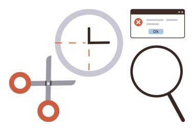 Kesik çizgili saat, büyüteç, makas ve hata mesajı vurgulama analizi, problem çözme, görev yönetimi, optimizasyon, verimlilik zamanı dijital sorun çözme. A